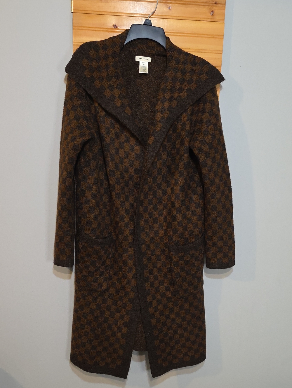 Max Studio Brown Checker Open-Front Knit Coatigan Oversized XS